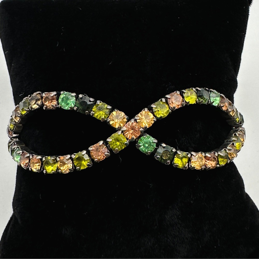 Vintage Rhinestone Cuff Bracelet Multi Color Green Brown‎ Stones Oxidized Metal
